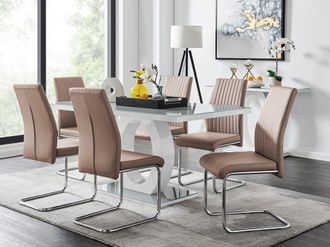Furniturebox Giovani 6-Seater Grey Glass Dining Table & 6 Lorenzo Faux Leather Dining Chairs in Beige