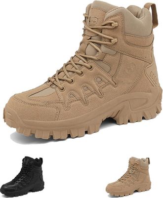Generic Mens Leather Work Boots with Arch Support - Waterproof Anti-Puncture Hiking Shoes(Khaki-c,8.5)