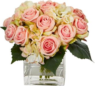 Nearly Natural Rose and Hydrangea Bouquet Artificial Arrangement in Vase in Pink at Nordstrom