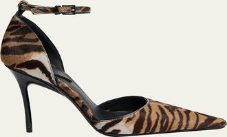 Alaia 90mm dOrsay Tiger Calf Hair Ankle-Strap Pumps