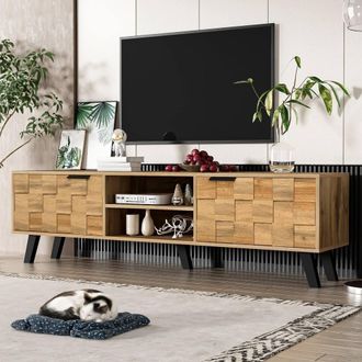 Merax Mid-Century 160.5cm TV Stand with Textured Checkerboard Doors in Walnut