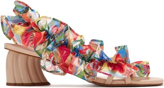 Farm Rio 65 mm Ocean View Monstera sandalen met hak - Beige