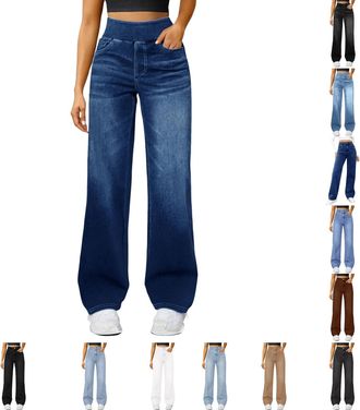 Generic Womens Baggy Jeans Wide Leg Jeans for Women UK High Waisted Pull On Stretch Baggy Trendy Comfy Palazzo Trousers Casual Denim Pants with Pockets Low Wa