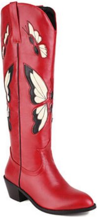 Generic Womens Chunky Heel Western Cowboy Boot Pull on Knee High Boots with Embroidery Stitched Round Toe PU Leather Long Boots,Red,5.5 UK
