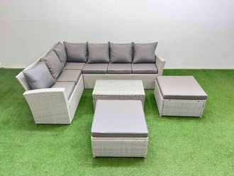 Fimous 8 Seater Garden Outdoor PE Rattan Furniture Set with Oblong Coffee Table in Light Grey