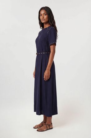 Karen Millen Womens Petite Premium Viscose Linen Woven Midi Dress With Stud Detail - Navy - Size 12 UK