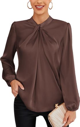 Grace Karin Elegant Blouse Shirts for Women Knotted Neck Long Sleeve Casual Daily Tops Loose Fit Outing Soft Blouse Browm XXL Brown