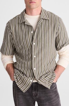 Madewell Seaport Terry Camp Shirt in Stripe Olive at Nordstrom, Size Xx-Large