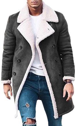 Generic Leather Coat Men Sheepskin Coats for Mens Shearling Coat Casual Warm Winter Clothes Fleece Lined PU Faux Leather Trim