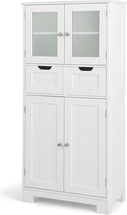 Costway Armario De Almacenamiento De Piso Con 4 Puertas, Gabinete De Ba&ntilde;o Independiente Con 2 Puertas De Vidrio, 2 Cajones Y Estantes Ajustables, Organizador 