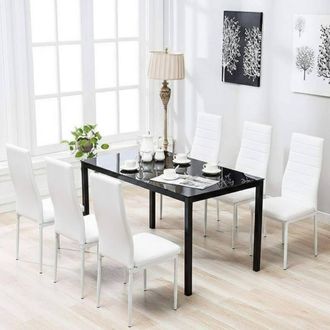 Kosy Koala Black Glass Dining Table With Set of 6 White Faux Leather Chairs