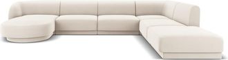MICADONI Sofá esquinero panorámico derecho 6 plazas de terciopelo beige claro