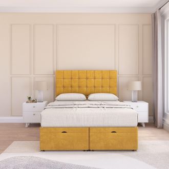 Sloomy Alabama Plush Fabric Ottoman Bed End Opening With Sprung Memory Mattress & 54 Inch Floorstanding Headboard in Gold | Size: Double