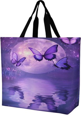 Generic Full Moon over Ocean Butterfly Large Reusable Shopping Bag Lightweight Foldable Tote Bags Washable Shoulder Handbag