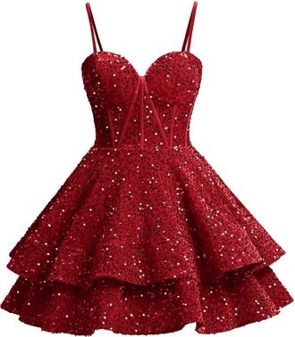 Generic Teens Sparkly Sequin Homecoming Dresses Spaghetti Straps Corset Sparkly Tiered Prom Party Cocktail Gown Wine Red XXL