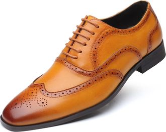 Generic Dress Oxford Formal Shoes for Men Lace Up Brogue Embossed Wing tip Burnished Toe PU Leather Non Slip Anti-Slip Slip Resistant Party(Yellow,10.5 UK)