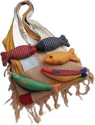 Generic Vintage Large Capacity Cotten Crochet Shoulder Bag, Hollow Out Weave Bag Travel Hand-Held Tote Handbag(Khaki)