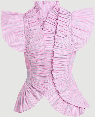 Karen Millen Womens Pleated Stripe Ruffle Sleeve Woven Top - Pink Cotton - Size 10 UK