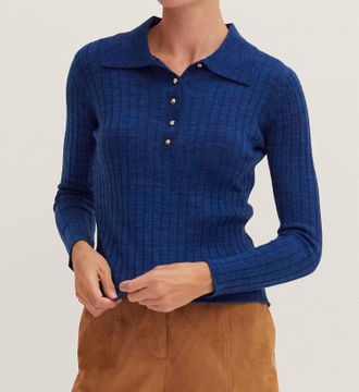 Crescent Ribbed Polo Sweater Top In Blue