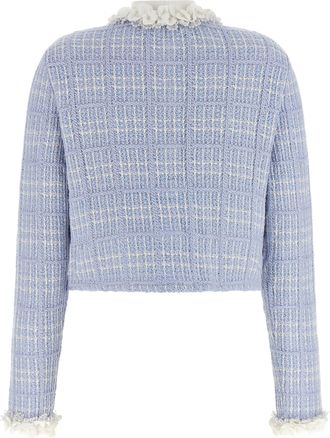 Self Portrait Check Knit with 3D Floral Trim Jacket - lavender
