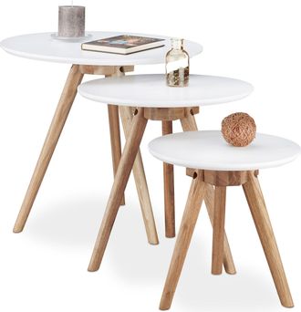 Relaxdays Relaxdays - Set 3 Mesas Auxiliares N&oacute;rdicas Redondas, Madera De Nogal-dm, Blanco-marr&oacute;n, 32, 40, 50 Cm De Di&aacute;metro