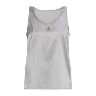 Dolce & Gabbana Sleeveless Tops, female, Gray, Size: 2XS Silk top with logo-shaped applique