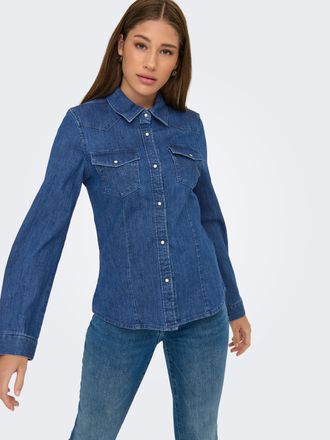 Only Jeansbluse ONLY ONLSASIA L/S RHINESTONE DNM SHIRT AKM, Damen, Gr. XS, blau (medium blau denim), Denim/Jeans, Obermaterial: 75% Baumwolle, 23% Polyeste