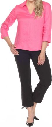 Joseph Ribkoff Collared V-Neck 3/4 Sleeve Linen Top In Bubble Gum