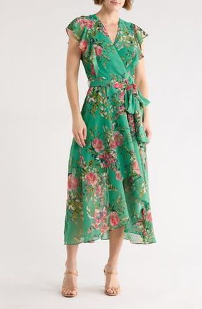 Eliza J Floral Flutter Sleeve High-Low Midi Dress in Green Multi at Nordstrom Rack, Size 12