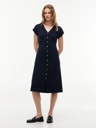 Tommy Hilfiger Womens Gold-Button Interlock Midi Dress - Navy Blue - XL