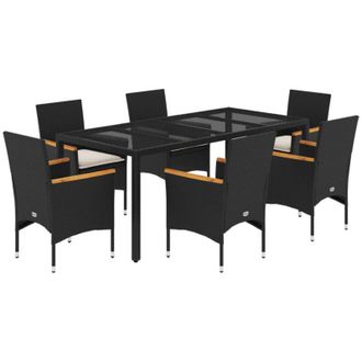 vidaXL Set Comedor Jard&iacute;n 7 Pzas Cojines Rat&aacute;n Sint&eacute;tico Vidrio Negro Vidaxl