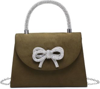Generic Womens Suede Evening Clutch Bag with Rhinestone Bow, Diamante Top Handle & Chain Strap, Small Elegant Handbag for Wedding, Party & Formal Events (Gree