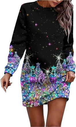 Generic Christmas Dresses for Women Oversized Christmas Dress Long Sleeve Jumper Crew Neck Xmas Graphic Print Sweatshirt Winter Casual Midi Dress Party Costum