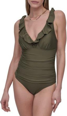 DKNY Ruffle V-Neck One-Piece Swimsuit in Moss at Nordstrom Rack, Size Xx-Large