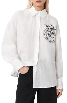 AllSaints Sparrow Logo Graphic Woven Shirt in White at Nordstrom, Size 10 Us