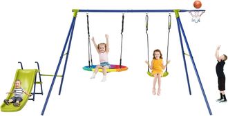 Costway Costway - Juego Columpio Jardin Exterior 4 En 1, Columpios Infantiles Exterior, Tobog&aacute;n, Aro De Baloncesto, 2 Columpios Ajustables, Carga 200kg, Ni&ntilde;os