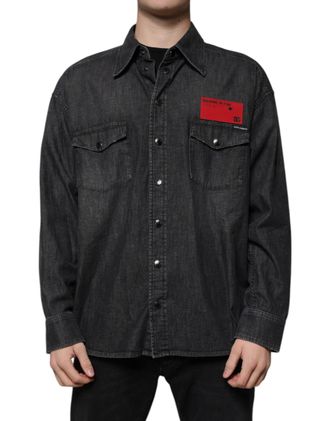 Dolce & Gabbana Black Logo Cotton Button Down Denim Mens Shirt