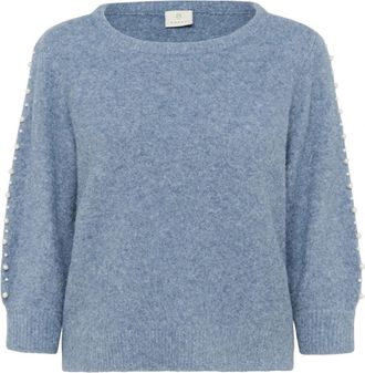 Kaffe Blauwe Melange Pullover met Kralenmouwen - Dames - Ronde hals truien - Blauw - 2XL - Wol - Truien & Vesten