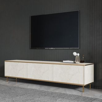 Dmora Mueble Tv Sassello, 3 Compartimentos, 3 Puertas, Apertura Abatible, 180x35x45h Cm Beige Maron
