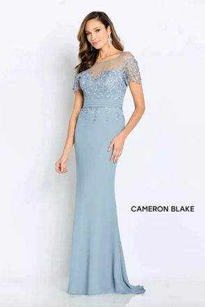 Mon Cheri Sheer Neckline Short Sleeve Dress In Cloud