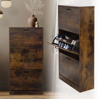 ML Design Ml-design Mueble Zapatero Con 3 Compartimentos Abatibles Marr&oacute;n Oscuro Estilo Vintage 60 X 24 X 120,5 Cm Armario Para Zapatos Mueble Cofre Basculante 