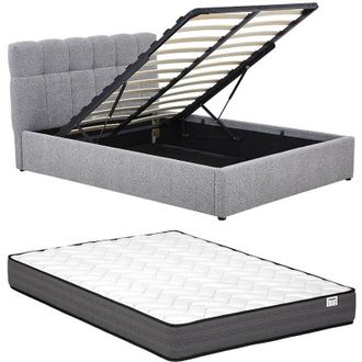 Vente-Unique Letto con contenitore 140 x 190 cm Tessuto bouclette Grigio + Materasso - MAZIRI