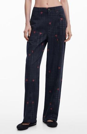 Desigual Check & Cherry Stretch Cotton Twill Pants in Dark Gray at Nordstrom Rack, Size Small