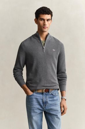 GANT Men Textured Cotton Half-Zip Sweater (XXXL) DARK GREY MELANGE