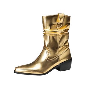 Generic Womens Western Fringe Knee High Boots Pointed Toe Faux Suede Chunky Block Heels Studded Cowboy Style Non Slip Comfortable Durable Daily Party,Gold,3.5