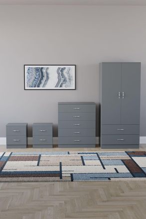Home Discount Vida Designs Riano 4Pc Bedroom Set 2 Drawer Bedside, 5 Drawer Chest in Grey