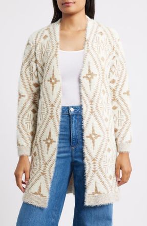 Bobeau Pattern Eyelash Cardigan in Ivory/Brown Mix at Nordstrom, Size X-Large