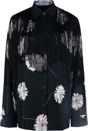 Prada Overhemden, Dames, Veelkleurig, S, Katoen, Geprint poplin overhemd met franjes