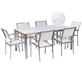 Beliani Conjunto De Jard&iacute;n Moderno 6 Plazas De Acero Inoxidable Mesa Comedor Tablero De Vidrio Efecto M&aacute;rmol Sillas De Textileno Blanco Cosoleto/grosseto