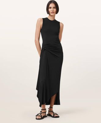 AllSaints Polyester Rivi Draped Midi Dress, Size: UK 12/US 8
